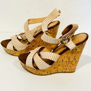 Chinese Laundry Z-Marianne High Wedge Sandals Tan and Ivory Stripes Womens 6.5